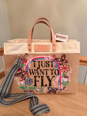 NWT Brighton “Fly Away” / Born to Fly Tote Bag – Jute & Leather Floral